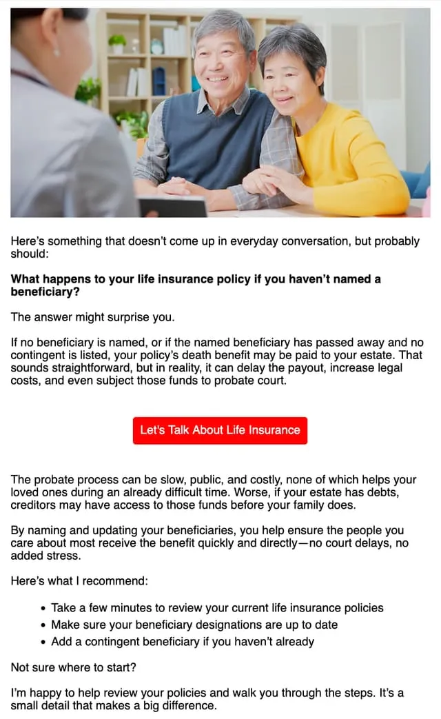 What happens if you don't name a beneficiary? — an email AgentMethods writes and sends for insurance agents